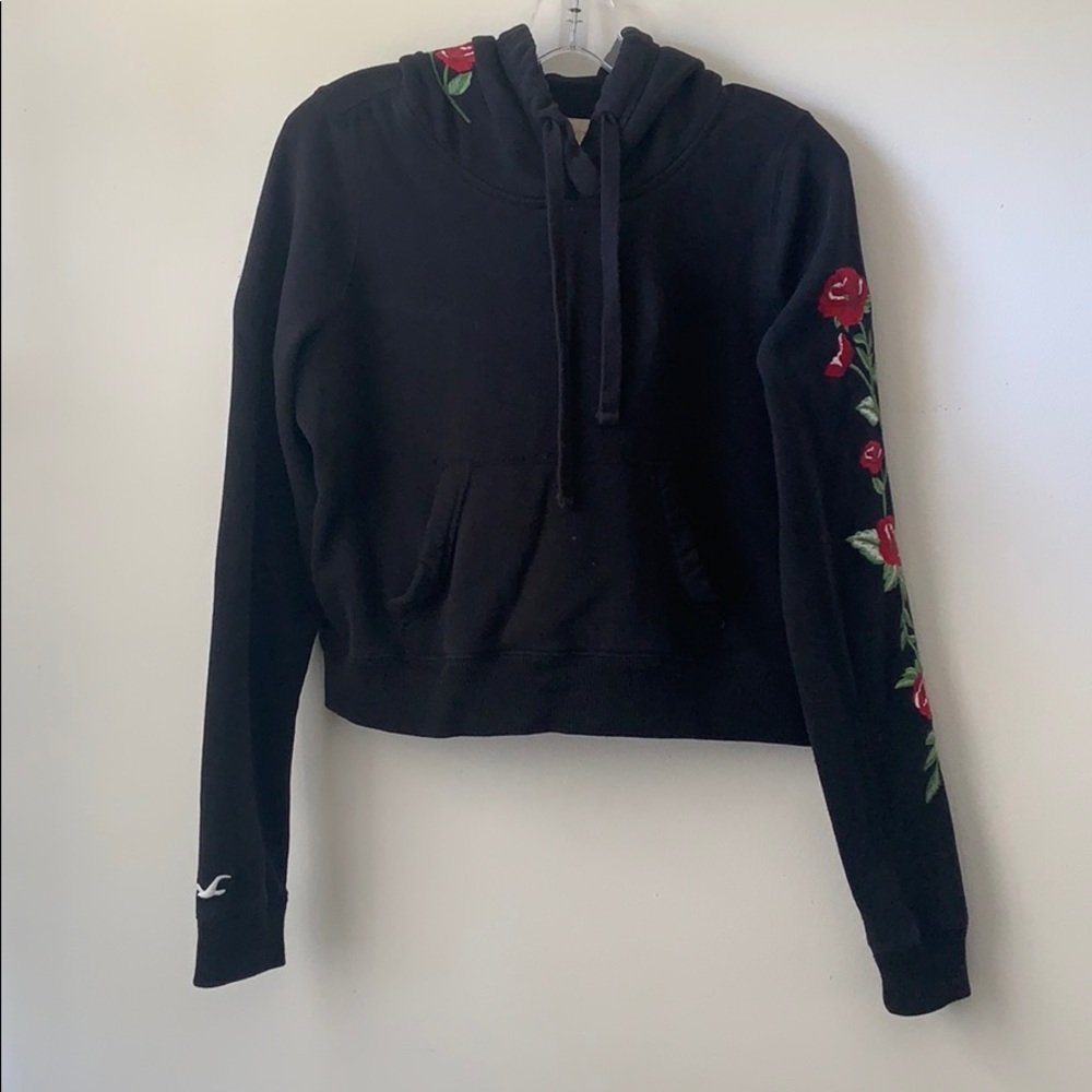 Hollister black with red roses cropped hoodie